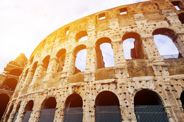 Fototapeta premium ROME - MARCH 23, 2015: Interior of The Colosseum (Coliseum) also known as the Flavian Amphitheatre on a sunny spring day. Arena and hypogeum. One of the main attractions of the city. Rome, Italy..