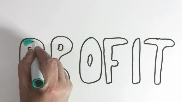 Whiteboard time lapse of the word PROFIT for topic introduction in Powerpoint presentations etc. 'PROFIT'' written in black outline, coloured blue then erased.