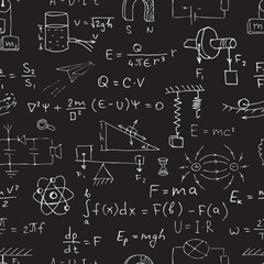 Vector seamless physics pattern. Chalk physics symbols on black blackboard.