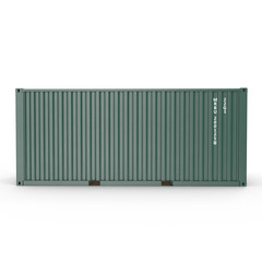 Green freight shipping container isolated on white. Side view. 3D illustration