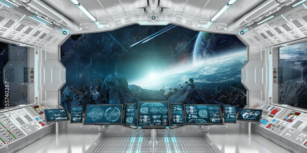 Poster Spaceship interior with view on distant planets system 3D rendering elements of this image furnished by NASA