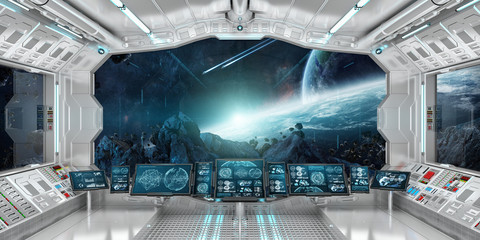 Obraz premium Spaceship interior with view on distant planets system 3D rendering elements of this image furnished by NASA