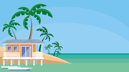 Small lodge on piles against the background of palm trees and a sea landscape. Vector background.