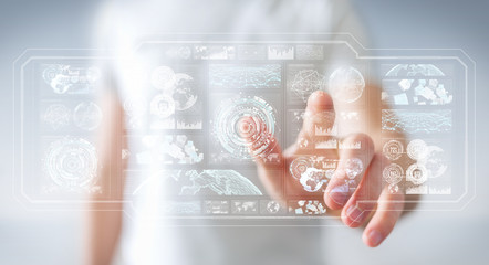 Businessman using digital screens with holograms datas 3D rendering