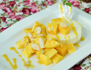 Mango cheesecake on white plate