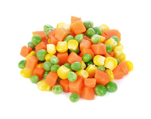 Mix of vegetable containing carrots, peas, and corn on white background