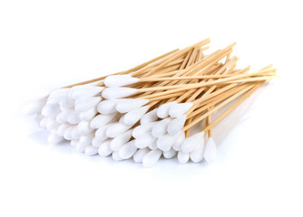 Wood, cotton buds isolated on white background
