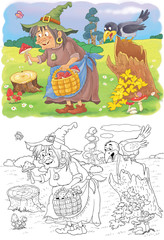 Naklejka premium A cute witch picking mushrooms. Fairy tale. Coloring page. Illustration for children. Funny cartoon characters