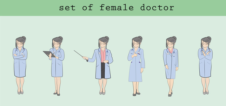 Set of little men doctor woman in various poses. Hand drawn cartoon vector illustration for medical design and infographics.