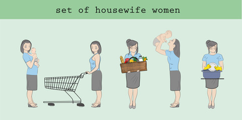 A set of women housewives in different poses. Hand drawn cartoon vector illustration for design and infographics.