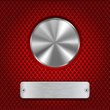 Red Perforated Background With Silver Round Button