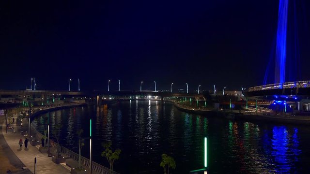 dubai city water canal bridge downtown night bay panorama 4k uae
