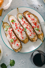 Georgian cuisine top view. Khachapuli, grilled eggplant and pkhali on rusitc background