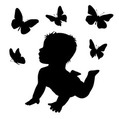 Vector silhouette of baby butterfly on white background.