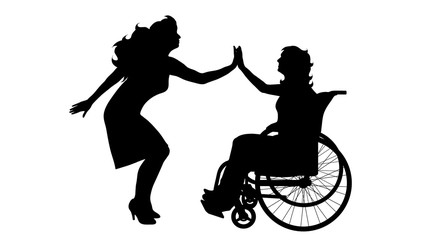 Vector silhouette of woman on wheelchair on white background.