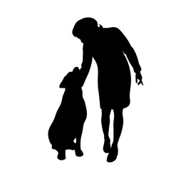 Vector silhouette of woman with dog on white background.
