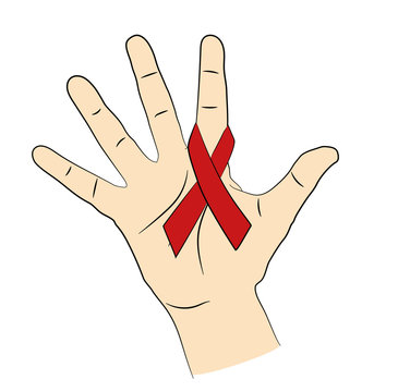Red ribbon on the hand. A symbol of prevention and control of AIDS. vector illustration.