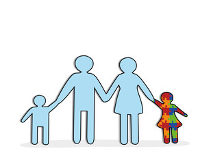 
silhouettes of parents keep a child on the autism background symbol. the concept of treating autism. vector illustration.