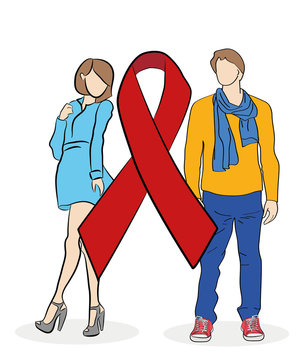 Young couple on red ribbon background. Symbol of the struggle with AIDS. vector illustration