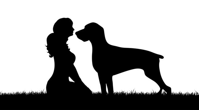 Vector silhouette of girl with dog on white background.