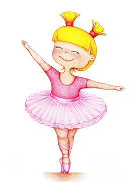 hands drawn picture of little beautiful girl ballet dancer in pink dress on white background by the color pencils