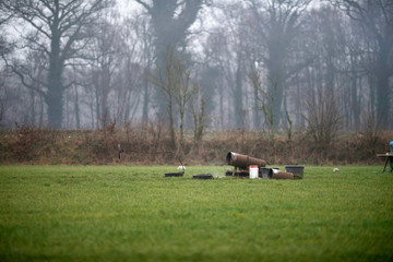Installation for shooting the carbid in rural area on New Year's Day. The Netherlands. Gelderland. Achterhoek. Geesteren.