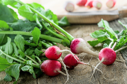Organic radish on a rustic wooden table. Healthy product of home gardening.