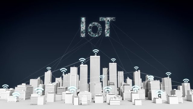 Things WI-FI icon on Smart city, connecting grid typo 'IoT',  White buildings.