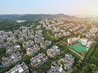aerial view of houses of modern villa in sunny day by drone