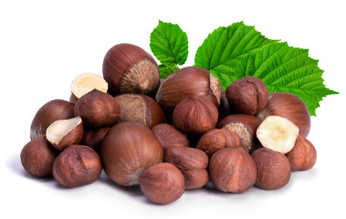 A handful of hazelnuts on white background