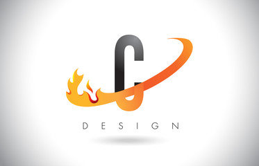 C Letter Logo with Fire Flames Design and Orange Swoosh.