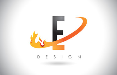 E Letter Logo with Fire Flames Design and Orange Swoosh.