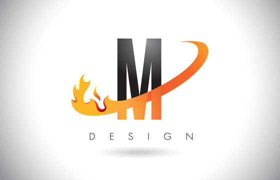 M Letter Logo with Fire Flames Design and Orange Swoosh.