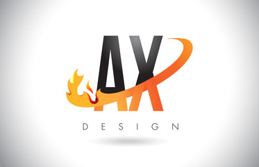 AX A X Letter Logo with Fire Flames Design and Orange Swoosh.