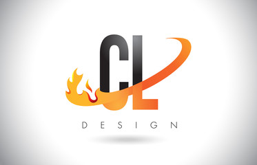 CL C L Letter Logo with Fire Flames Design and Orange Swoosh.