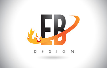 EB E B Letter Logo with Fire Flames Design and Orange Swoosh.