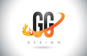 GG G G Letter Logo with Fire Flames Design and Orange Swoosh.