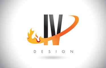 IV I V Letter Logo with Fire Flames Design and Orange Swoosh.