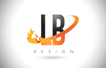 LB L B Letter Logo with Fire Flames Design and Orange Swoosh.
