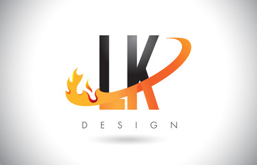 LK L K Letter Logo with Fire Flames Design and Orange Swoosh.