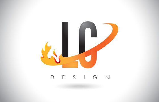 LC L C Letter Logo with Fire Flames Design and Orange Swoosh.