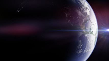 planet Earth lit by the Sun, with night lights on the dark side