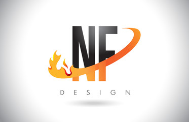 NF N F Letter Logo with Fire Flames Design and Orange Swoosh.