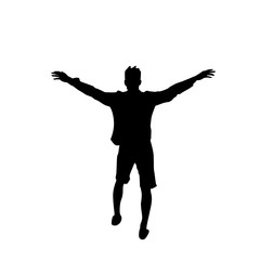 Fototapeta na wymiar Black Silhouette Man Cheerful Raised Hands Full Length Isolated Over White Background Happy Guy Flat Vector Illustration