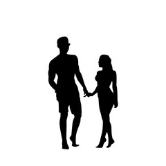 Black Silhouette Romantic Couple Holding Hands Full Length Isolated Over White Background Lovers Man And Woman Flat Vector Illustration