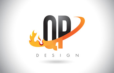 QP Q P Letter Logo with Fire Flames Design and Orange Swoosh.