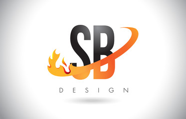 SB S B Letter Logo with Fire Flames Design and Orange Swoosh.