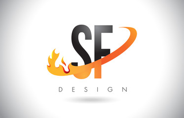 SF S F Letter Logo with Fire Flames Design and Orange Swoosh.