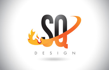 SQ S Q Letter Logo with Fire Flames Design and Orange Swoosh.