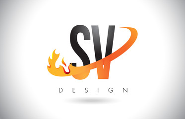 SV S V Letter Logo with Fire Flames Design and Orange Swoosh.